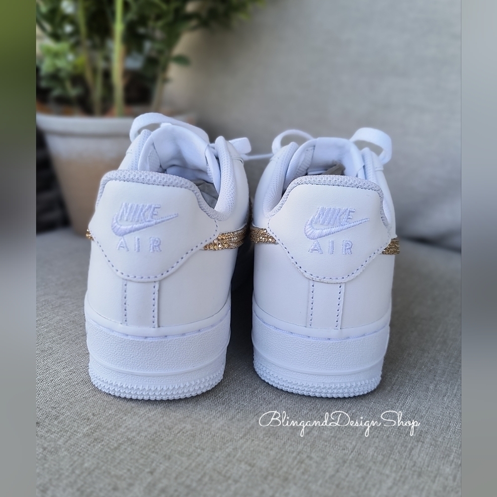 Women's Air Force 1 07 White Sneakers made with Gold Swarovski Crystals - Picture 4 of 8